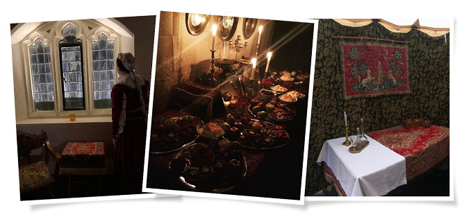 A woman looking out a neo-gothic window, a sideboard laden with dessert, a table set up in a tent with a linen cloth partially covering the table rug